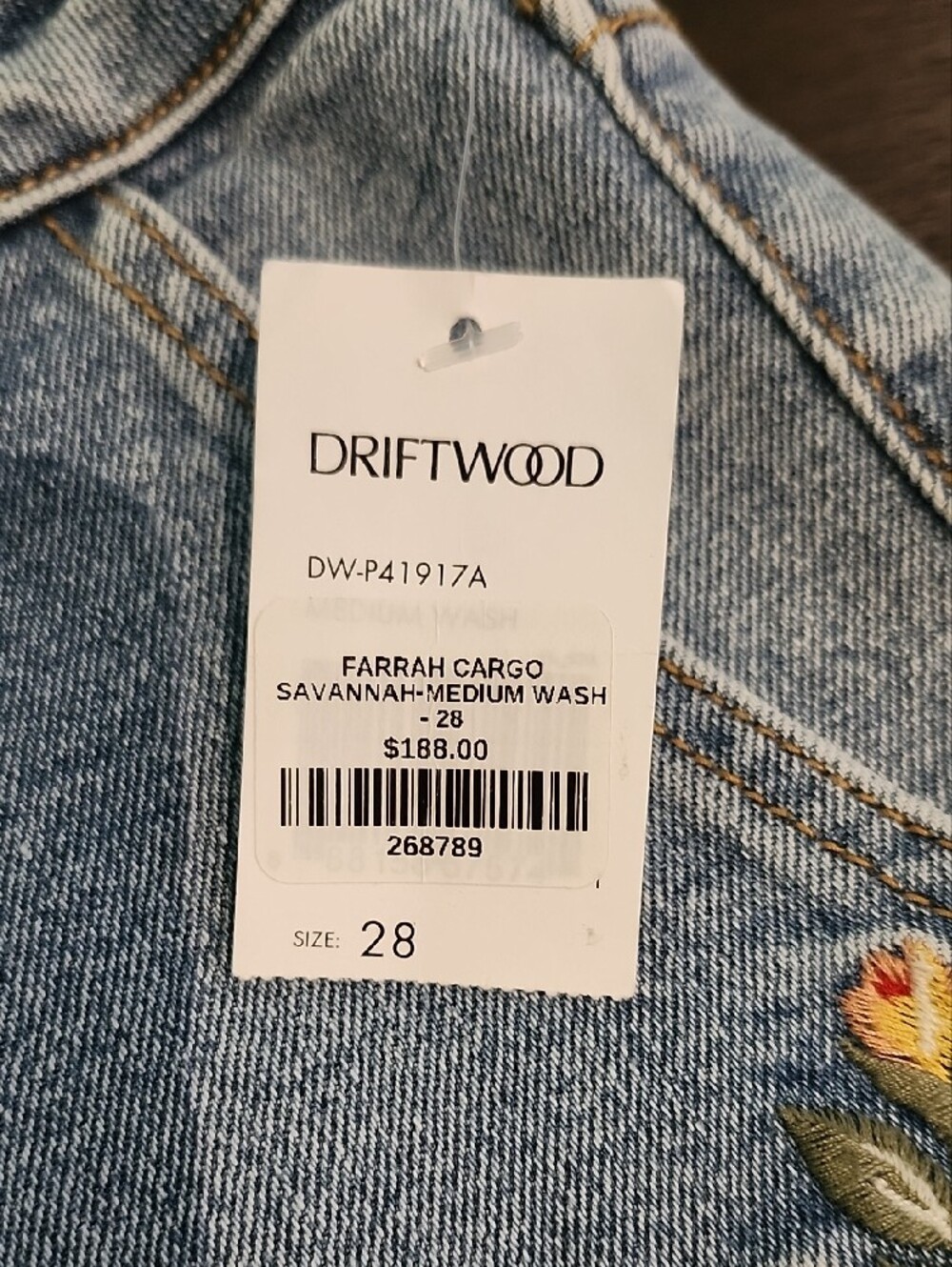 DRIFTWOOD Farrah Embroidered Cargo Flare Jeans - Savannah Wash - NWT - Picture 10 of 12